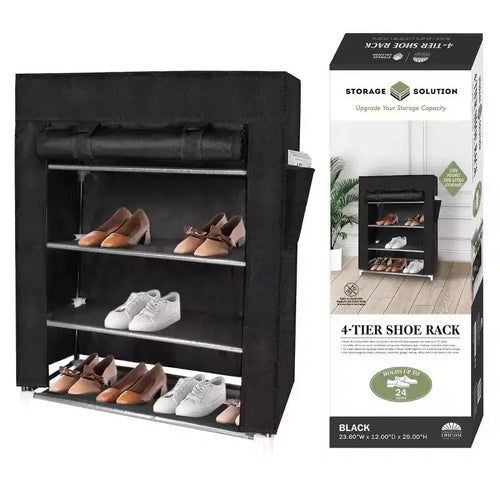 4 Tier Shoe Rack with Side Pocket Holds 24 Shoes Black