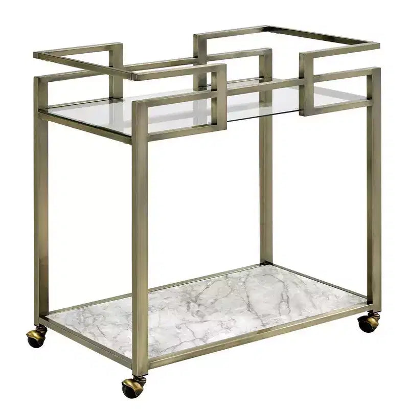 Faux Marble Top Bar Serving Cart Clear Glass/Wire Brass Finish