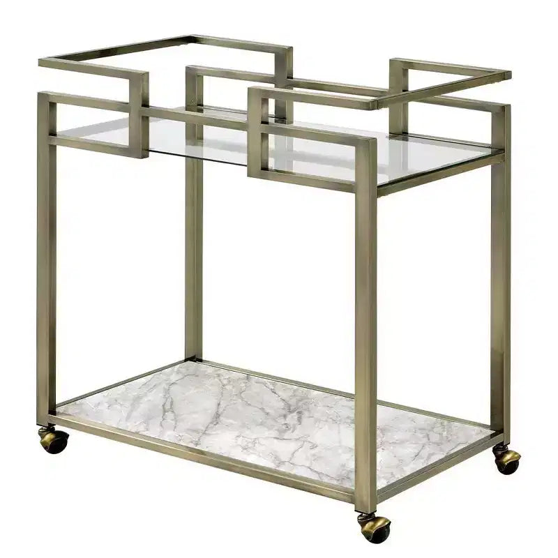 Faux Marble Top Bar Serving Cart Clear Glass/Wire Brass Finish