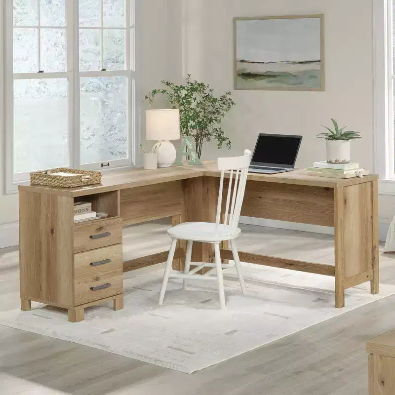 L-Shaped Desk with File Drawer Timber Oak