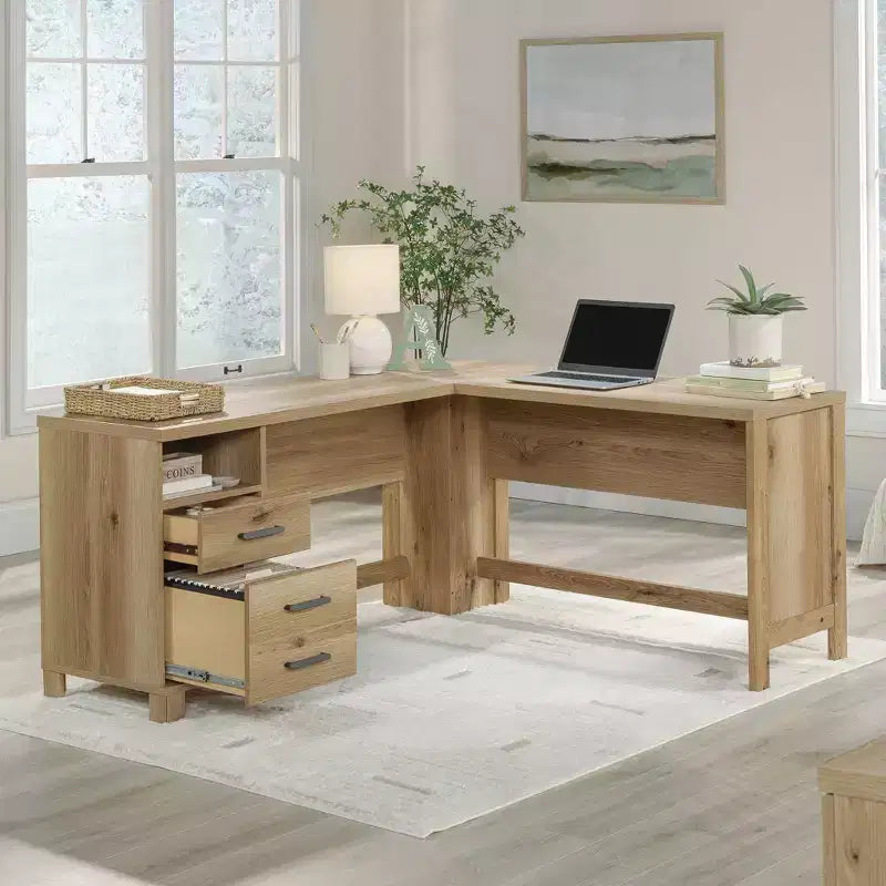 L-Shaped Desk with File Drawer Timber Oak