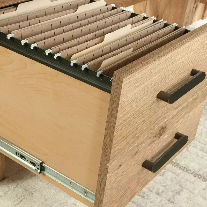 L-Shaped Desk with File Drawer Timber Oak