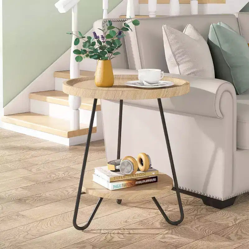 2 Tier Round End Table Rustic Brown