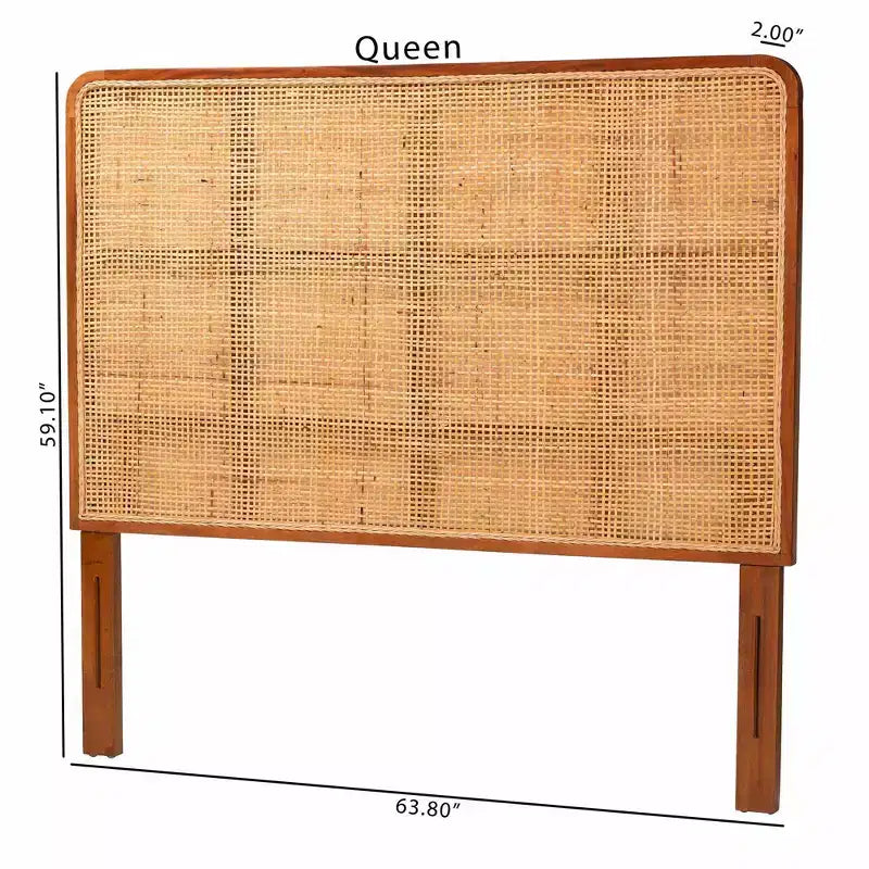 Queen Size Rattan and Mahogany Wood Headboard Light Honey/Red Teak