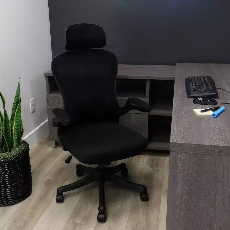 High Back Adjustable Mesh and Fabric Office Chair in Black and Gray with Adjustable Head Rest