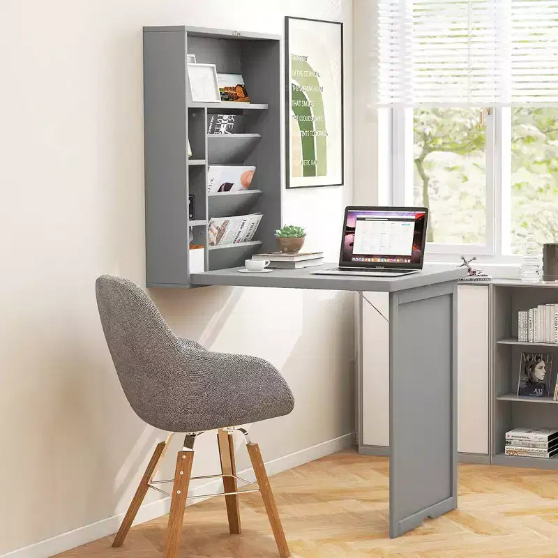 Wall Mounted Computer Convertible Desk Floating Desk with Storage Bookcases