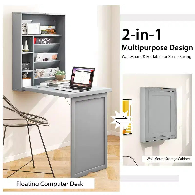 Wall Mounted Computer Convertible Desk Floating Desk with Storage Bookcases