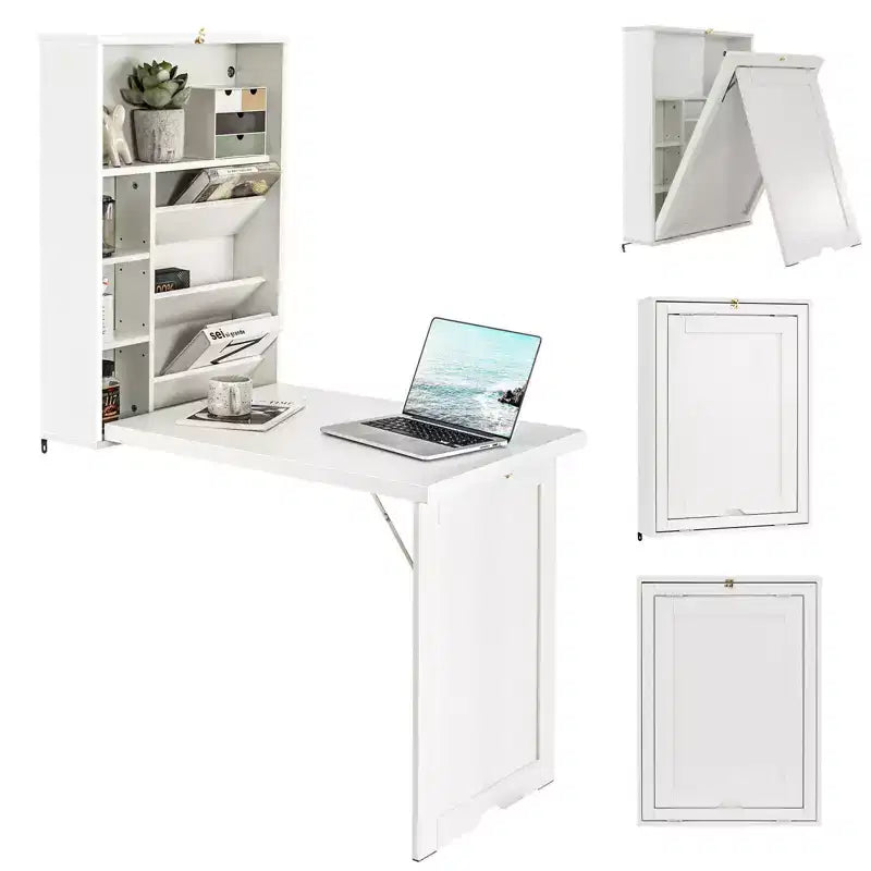 Wall Mounted Computer Convertible Desk Floating Desk with Storage Bookcases