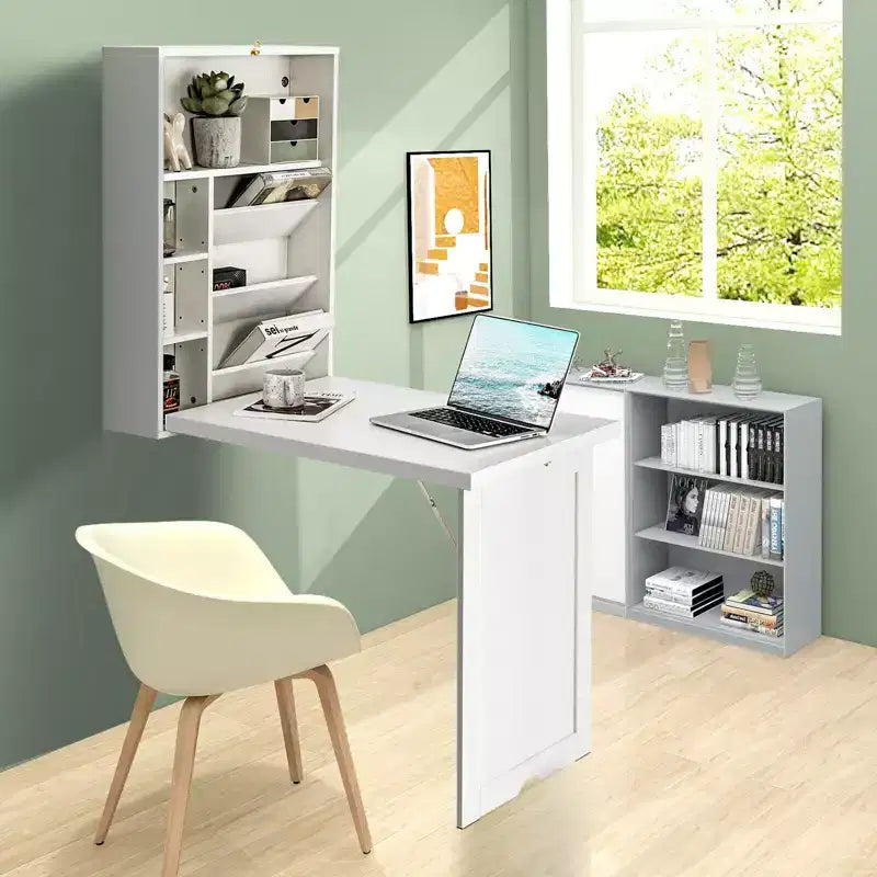 Wall Mounted Computer Convertible Desk Floating Desk with Storage Bookcases