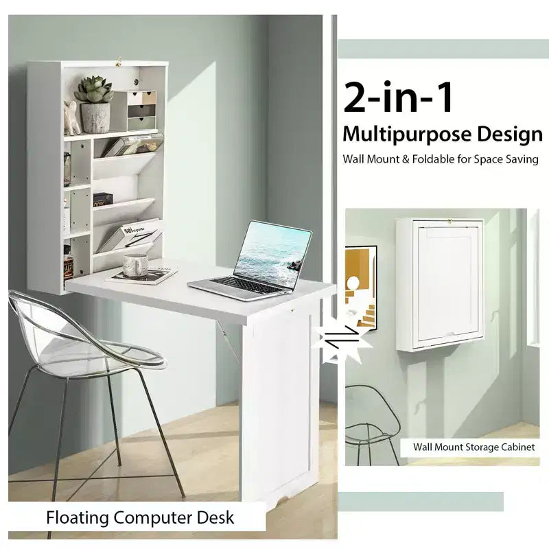 Wall Mounted Computer Convertible Desk Floating Desk with Storage Bookcases