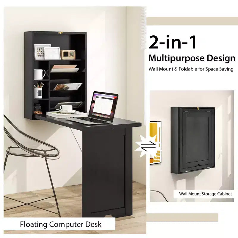 Wall Mounted Computer Convertible Desk Floating Desk with Storage Bookcases
