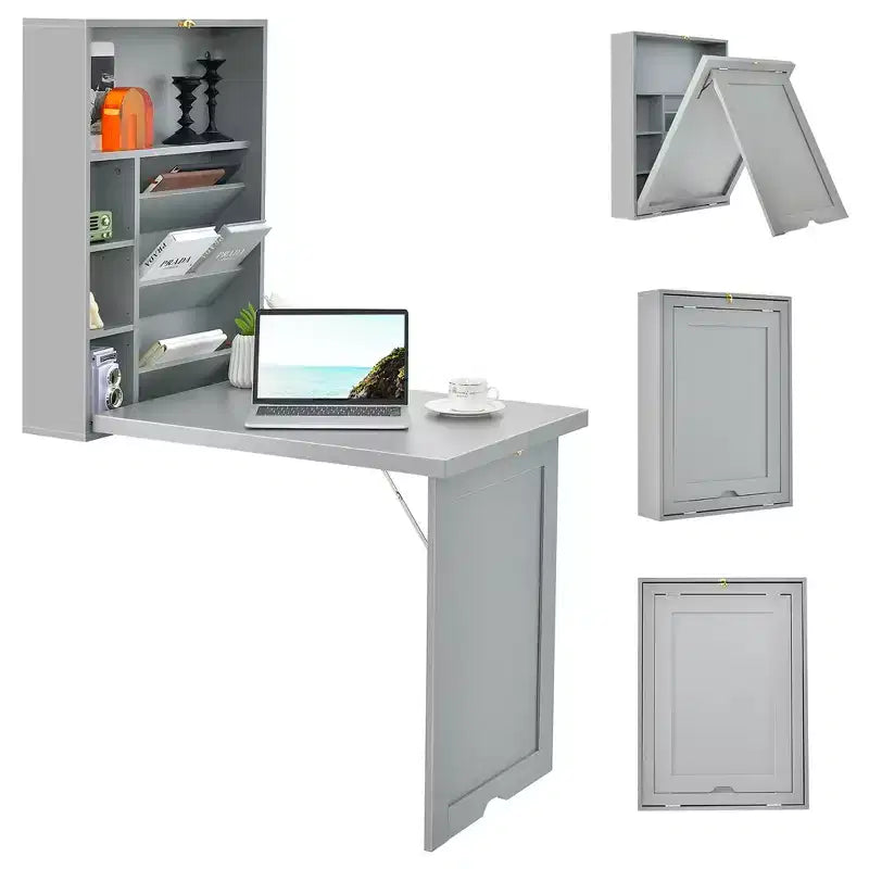 Wall Mounted Computer Convertible Desk Floating Desk with Storage Bookcases