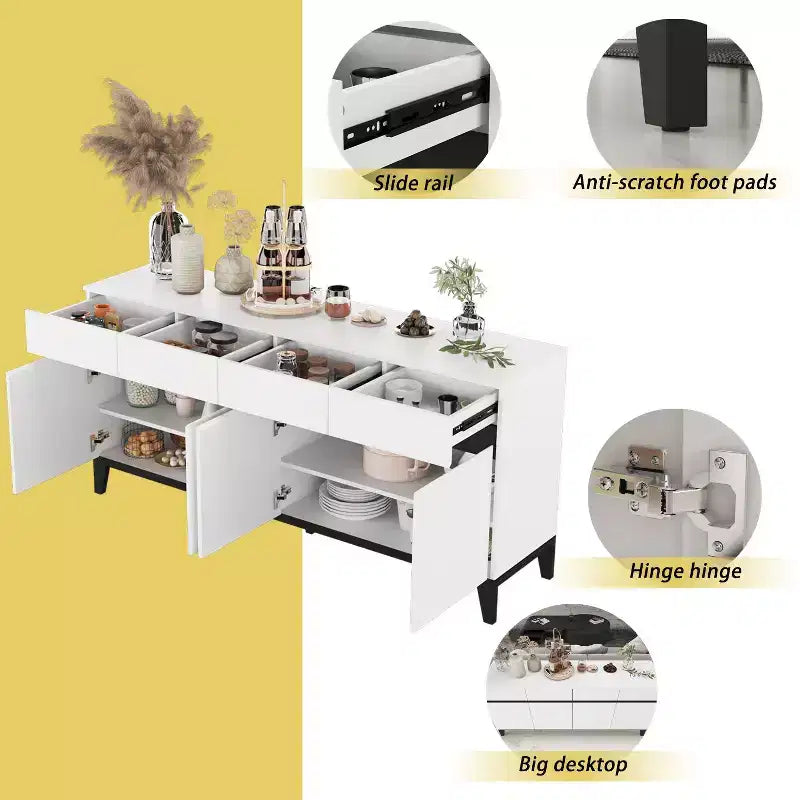 White Modern 4 Doors Sideboard Buffet With 4 Storage Drawers