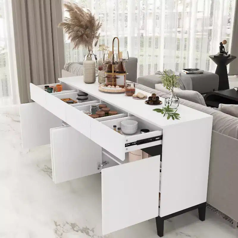 White Modern 4 Doors Sideboard Buffet With 4 Storage Drawers