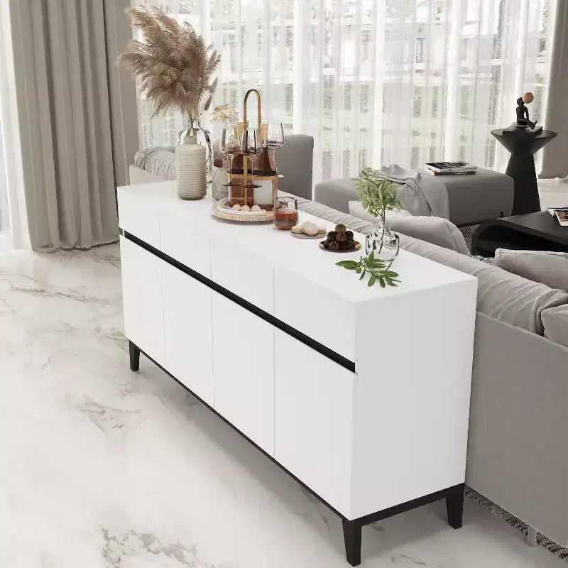 White Modern 4 Doors Sideboard Buffet With 4 Storage Drawers