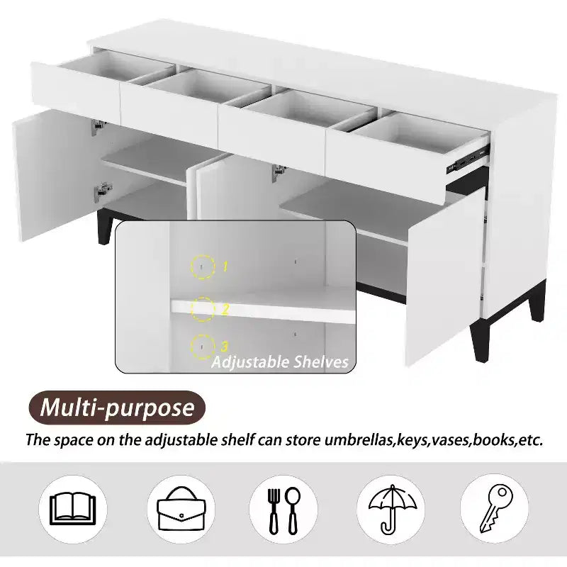 White Modern 4 Doors Sideboard Buffet With 4 Storage Drawers