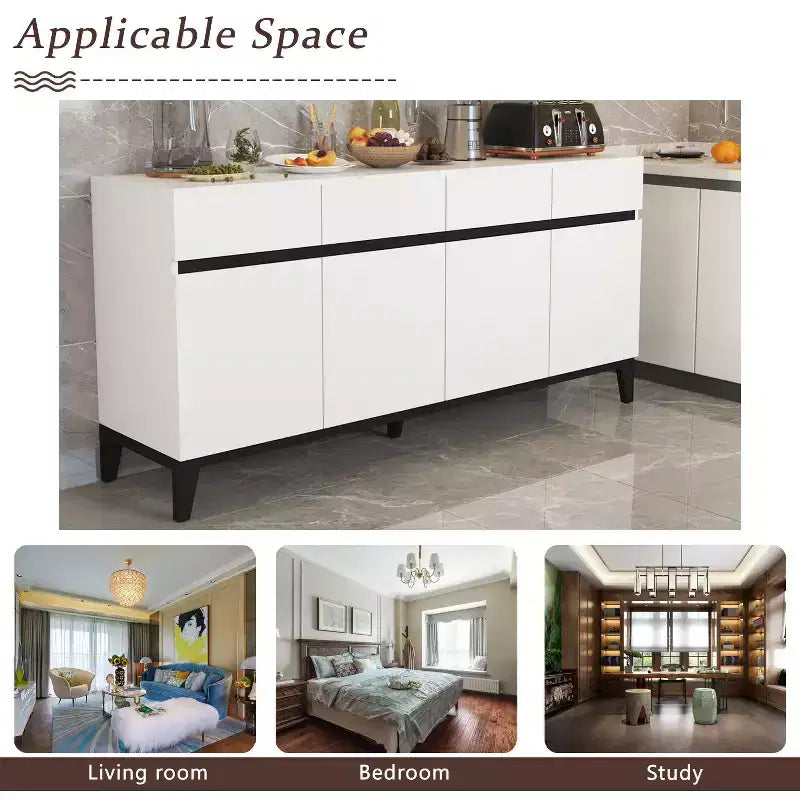 White Modern 4 Doors Sideboard Buffet With 4 Storage Drawers