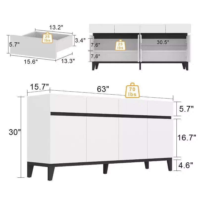 White Modern 4 Doors Sideboard Buffet With 4 Storage Drawers
