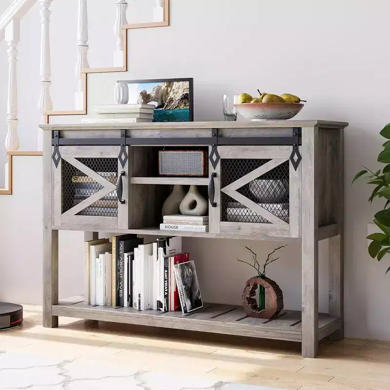 Farmhouse Entryway Table with Sliding Barn Doors, Sofa Table with Storage and Open Shelf, Console Tables for Entryway, Hallway