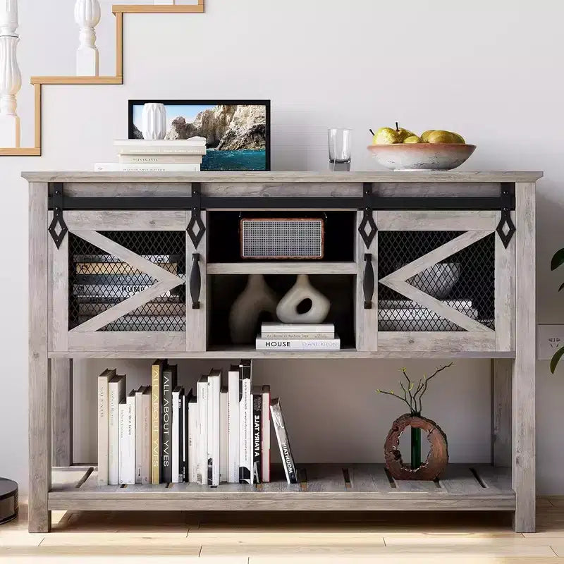 Farmhouse Entryway Table with Sliding Barn Doors, Sofa Table with Storage and Open Shelf, Console Tables for Entryway, Hallway