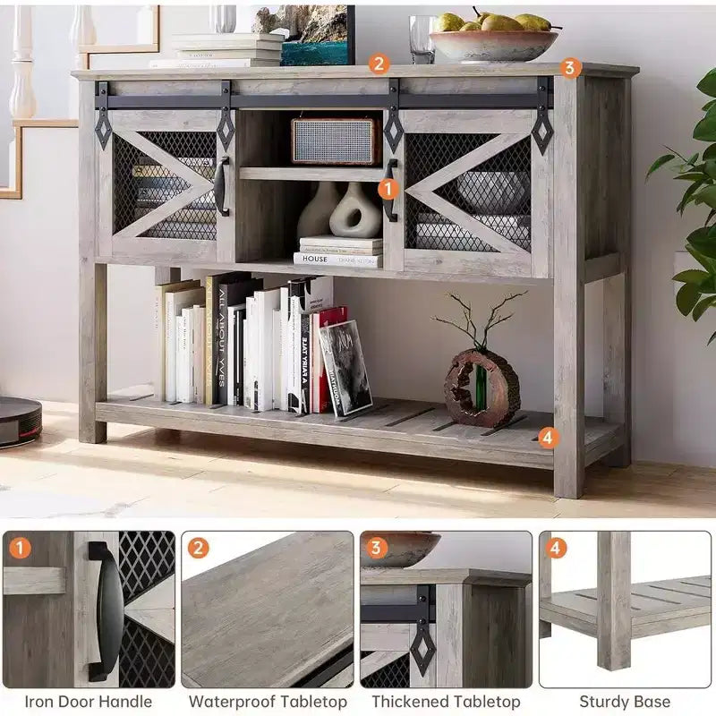 Farmhouse Entryway Table with Sliding Barn Doors, Sofa Table with Storage and Open Shelf, Console Tables for Entryway, Hallway