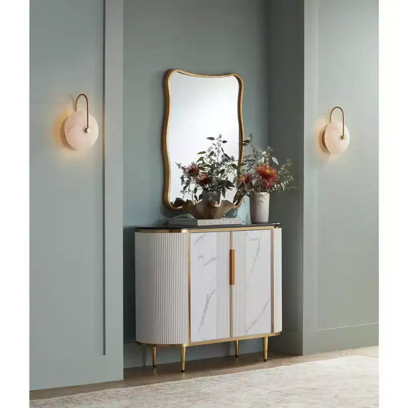 Modern White Oval Console Table 38 1/4 x 15 1/4 with Storage Black Marble Tabletop for Living Room Home
