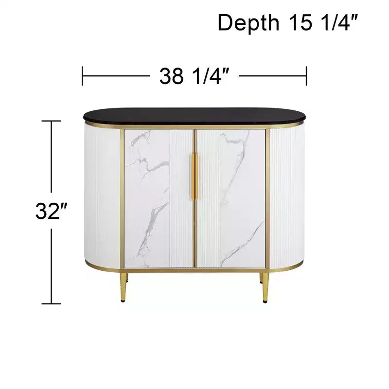 Modern White Oval Console Table 38 1/4 x 15 1/4 with Storage Black Marble Tabletop for Living Room Home