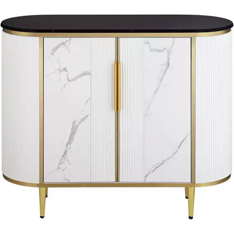 Modern White Oval Console Table 38 1/4 x 15 1/4 with Storage Black Marble Tabletop for Living Room Home