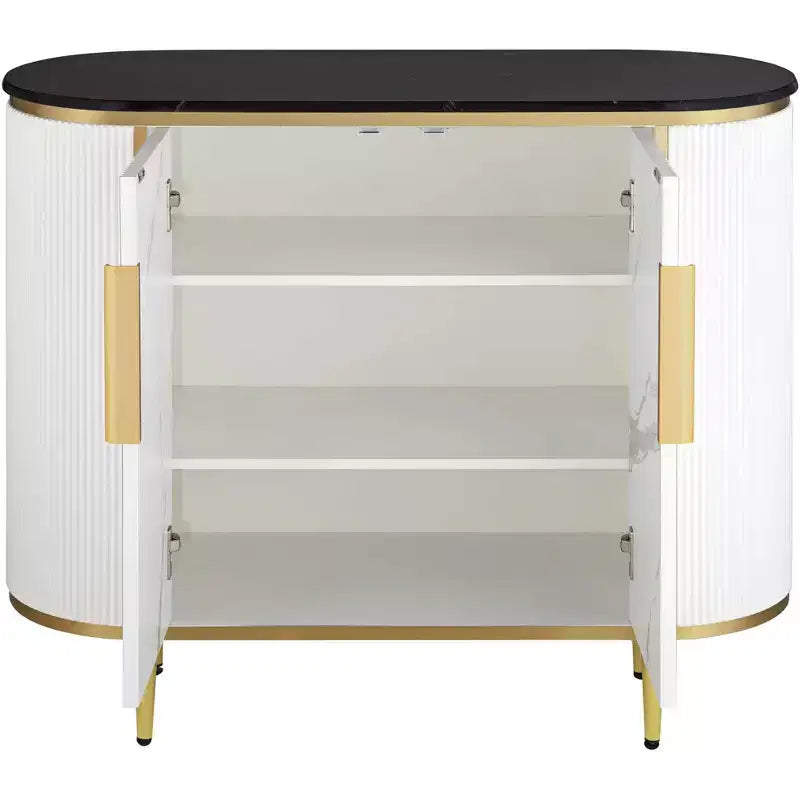 Modern White Oval Console Table 38 1/4 x 15 1/4 with Storage Black Marble Tabletop for Living Room Home