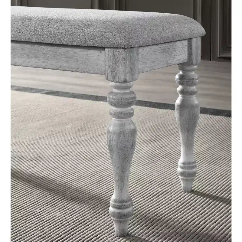Upholstered Turned Leg Dining Bench, Rustic White