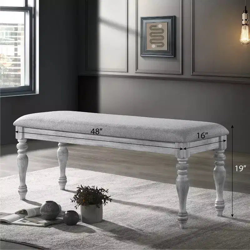 Upholstered Turned Leg Dining Bench, Rustic White
