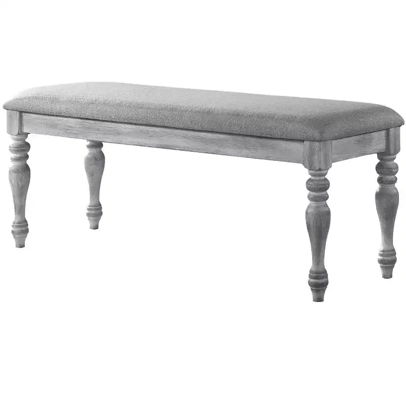 Upholstered Turned Leg Dining Bench, Rustic White
