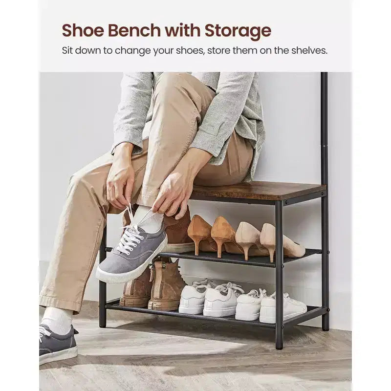 Hall Tree with Bench and Shoe Storage, Entryway Bench with Coat Rack Stand and Shoe Rack, Fabric Shelves