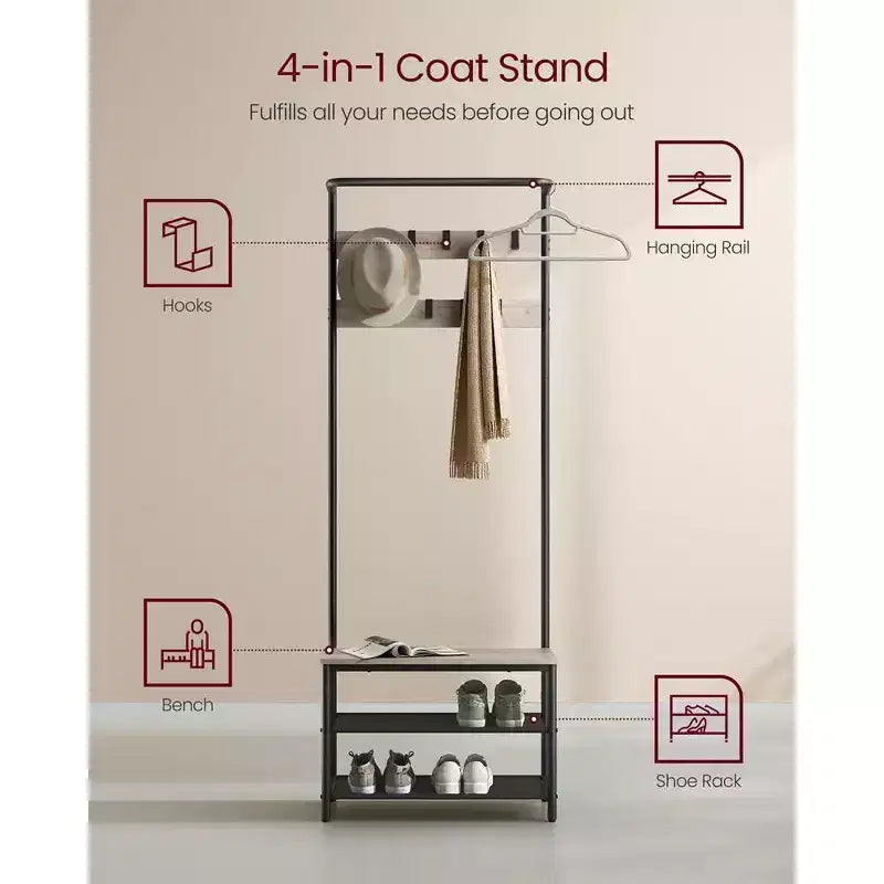 Hall Tree with Bench and Shoe Storage, Entryway Bench with Coat Rack Stand and Shoe Rack, Fabric Shelves