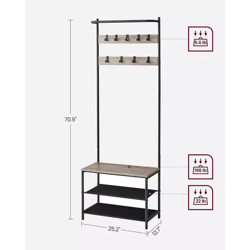 Hall Tree with Bench and Shoe Storage, Entryway Bench with Coat Rack Stand and Shoe Rack, Fabric Shelves