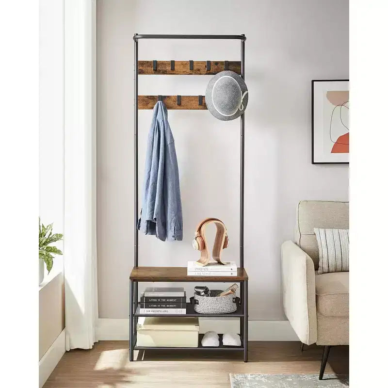 Hall Tree with Bench and Shoe Storage, Entryway Bench with Coat Rack Stand and Shoe Rack, Fabric Shelves