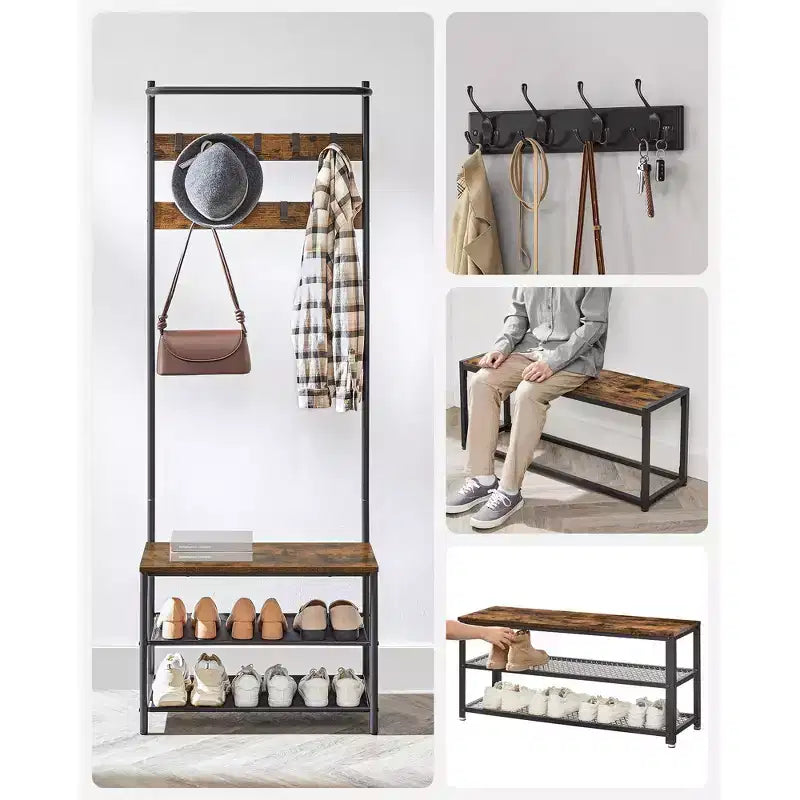 Hall Tree with Bench and Shoe Storage, Entryway Bench with Coat Rack Stand and Shoe Rack, Fabric Shelves
