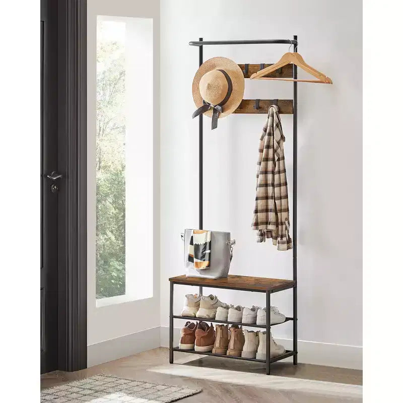 Hall Tree with Bench and Shoe Storage, Entryway Bench with Coat Rack Stand and Shoe Rack, Fabric Shelves