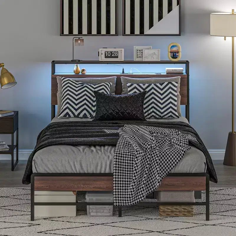 Bed Frame with Headboard, Lights, Charging Station, Storage Shelf, Noise-Free & No Box Spring Needed, Walnut