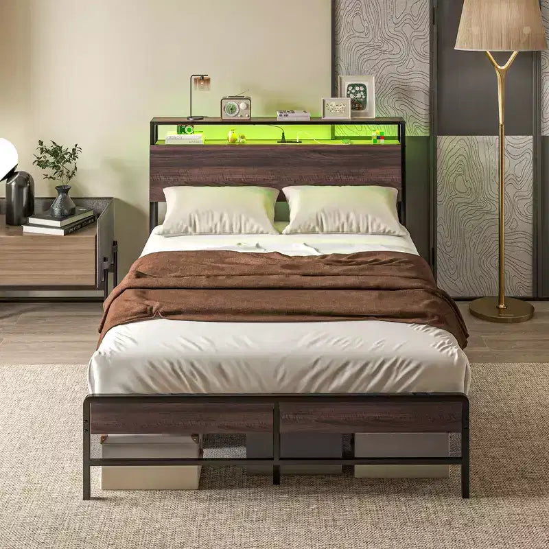 Bed Frame with Headboard, Lights, Charging Station, Storage Shelf, Noise-Free & No Box Spring Needed, Walnut
