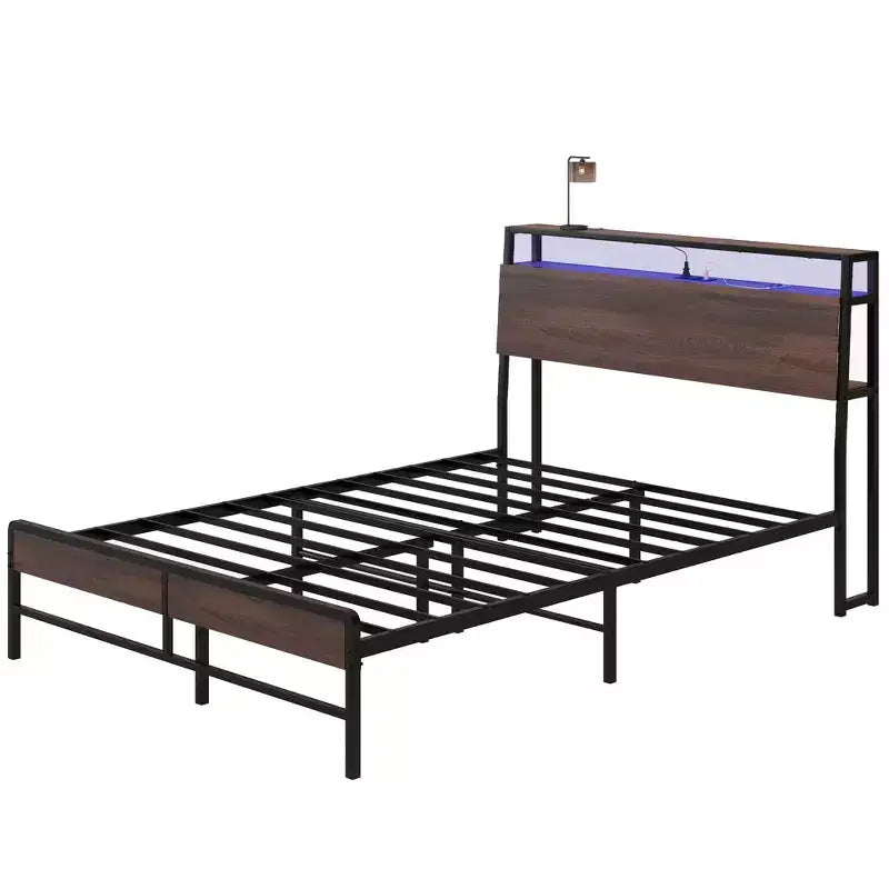 Bed Frame with Headboard, Lights, Charging Station, Storage Shelf, Noise-Free & No Box Spring Needed, Walnut