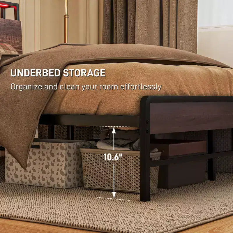 Bed Frame with Headboard, Lights, Charging Station, Storage Shelf, Noise-Free & No Box Spring Needed, Walnut