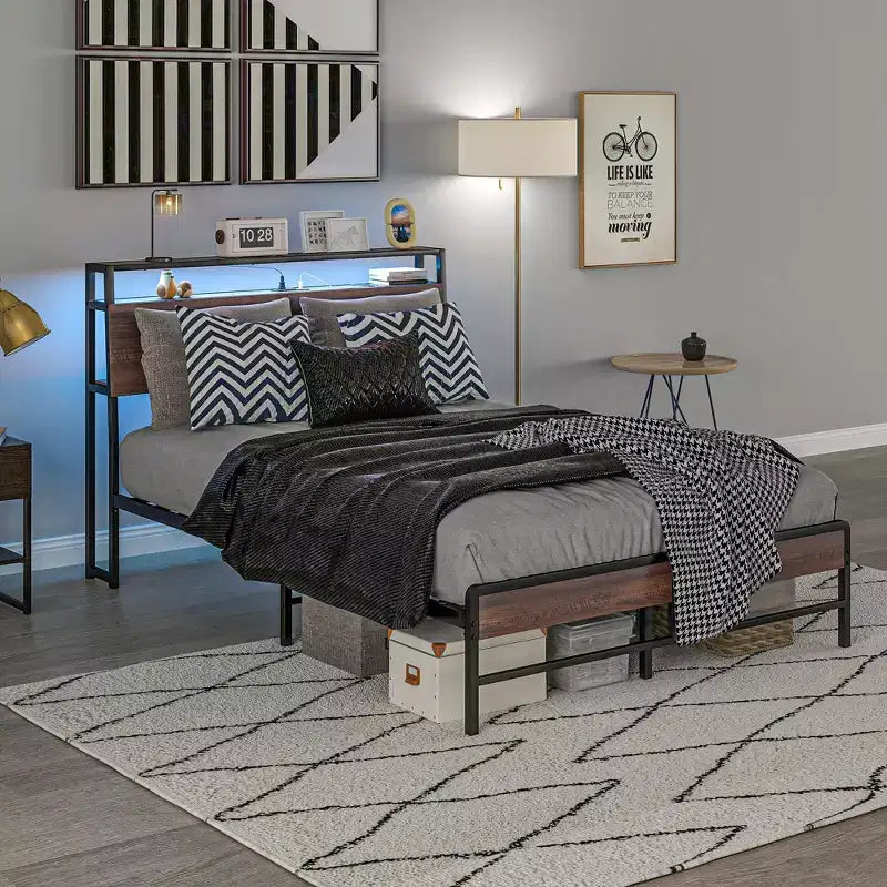 Bed Frame with Headboard, Lights, Charging Station, Storage Shelf, Noise-Free & No Box Spring Needed, Walnut