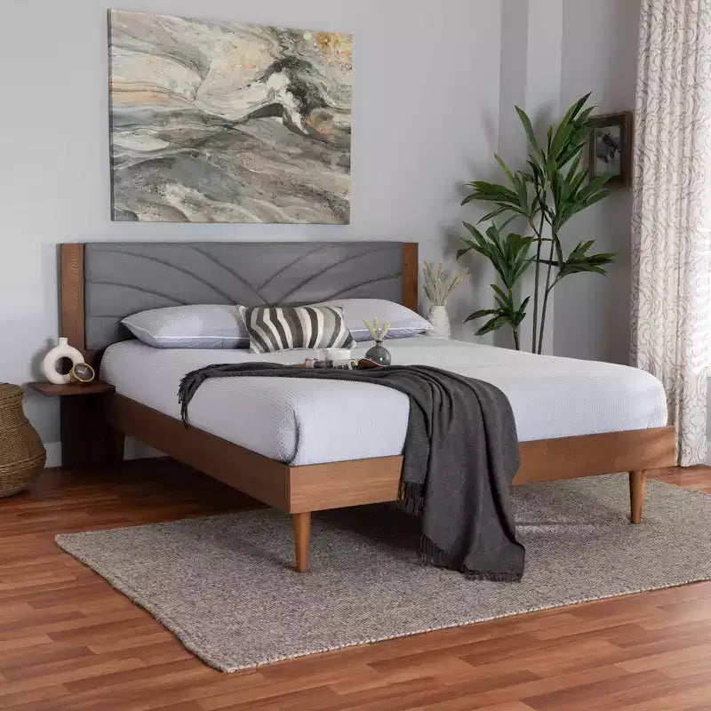 Fabric and Wood Platform Bed with Floating Side Table Gray/Walnut Brown