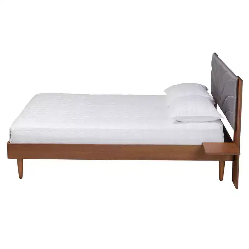 Fabric and Wood Platform Bed with Floating Side Table Gray/Walnut Brown
