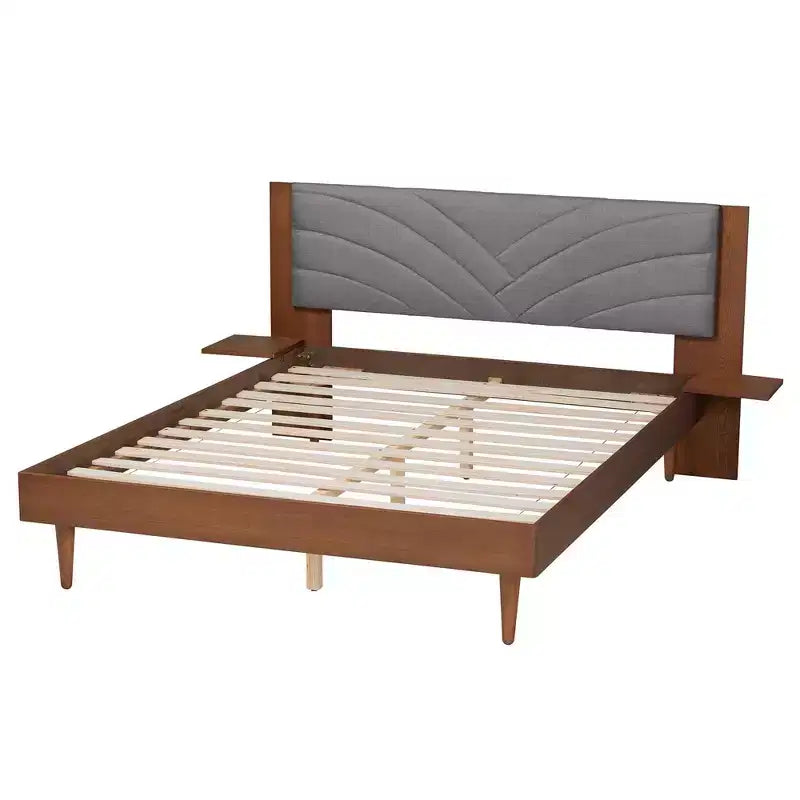 Fabric and Wood Platform Bed with Floating Side Table Gray/Walnut Brown