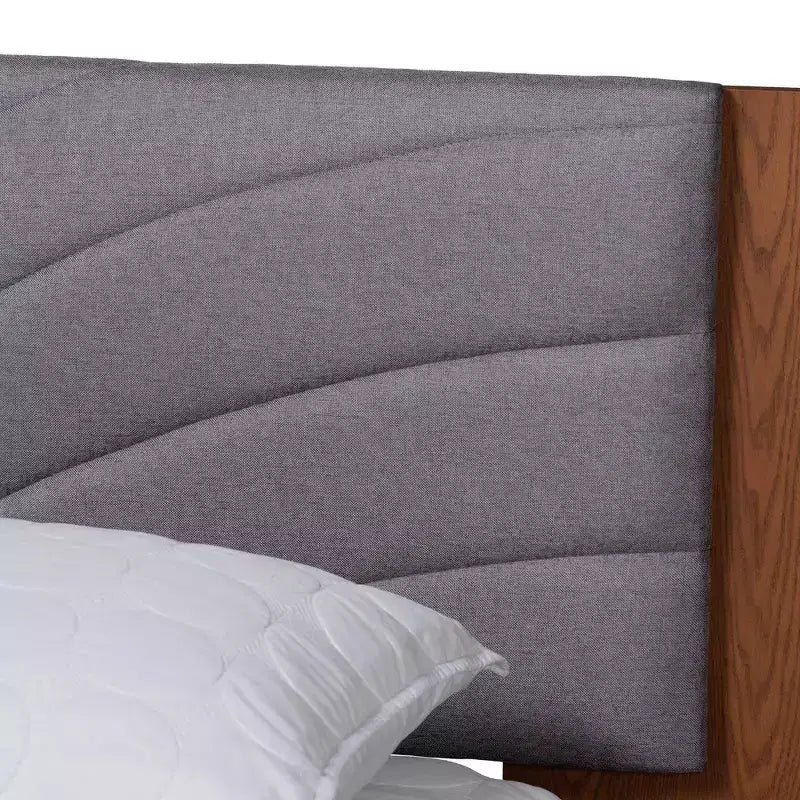Fabric and Wood Platform Bed with Floating Side Table Gray/Walnut Brown