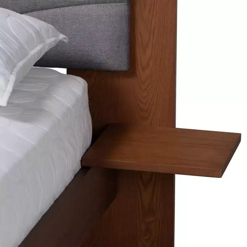 Fabric and Wood Platform Bed with Floating Side Table Gray/Walnut Brown