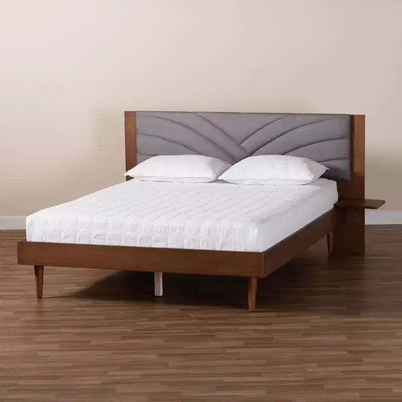 Fabric and Wood Platform Bed with Floating Side Table Gray/Walnut Brown